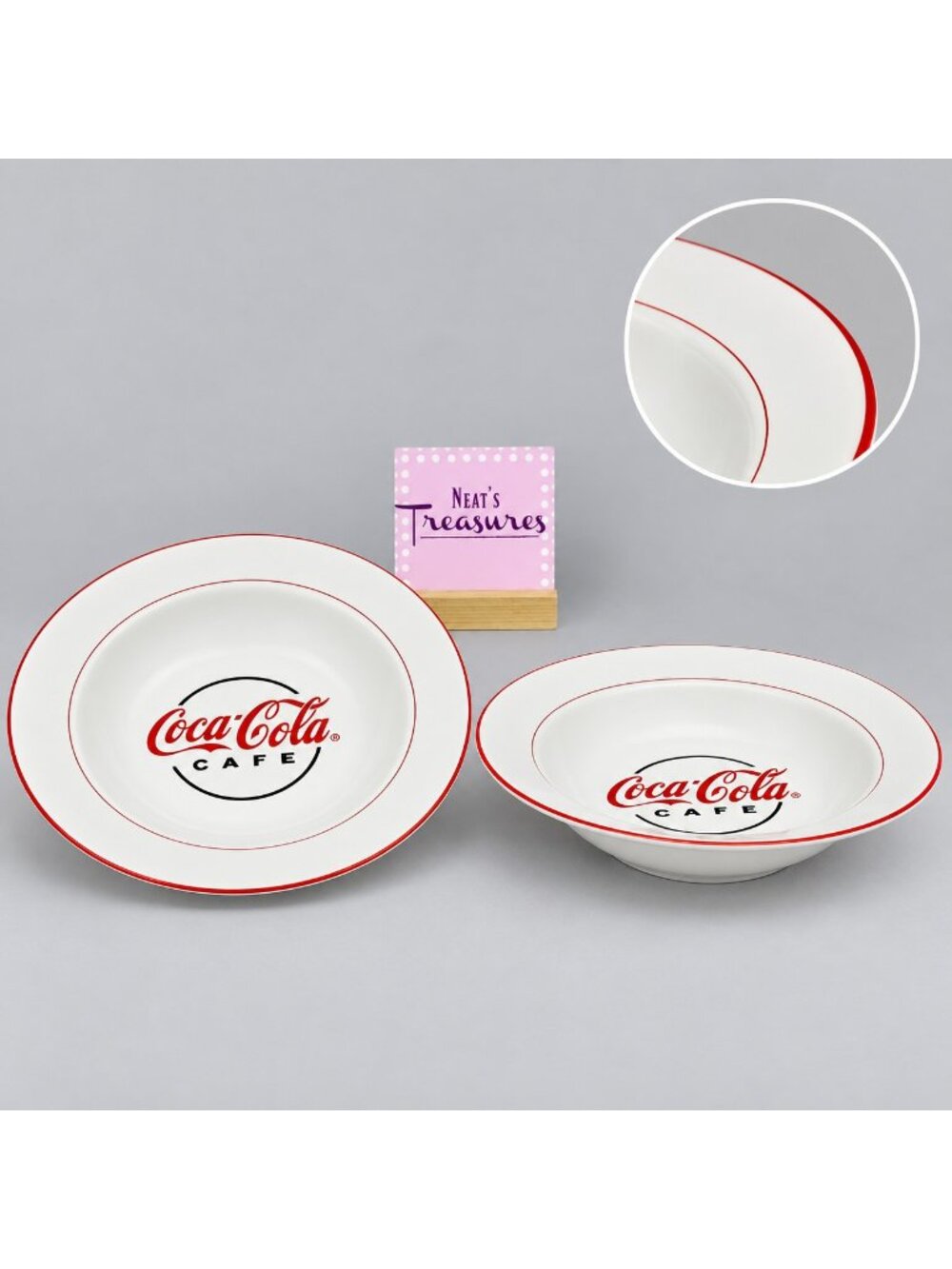 Gibson COCA COLA CAFE DINER Pat Red Trim Logo Rim Verge Soup Pasta Bowls Set 2